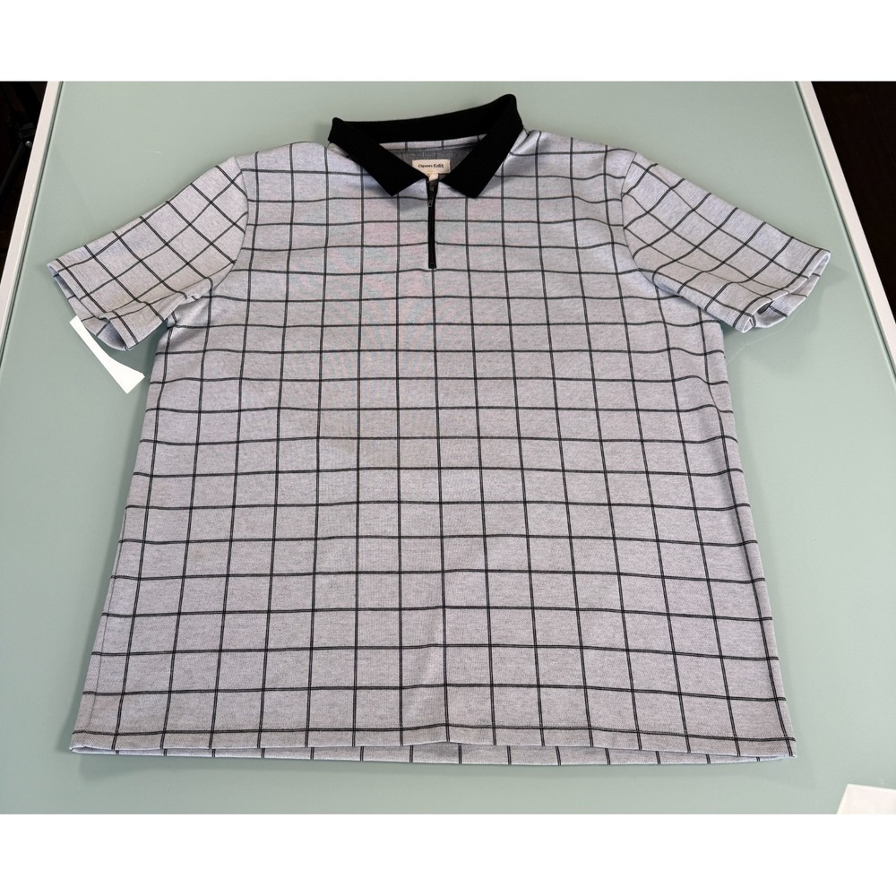 Open Edit Polo Shirt Mens XL Gray w/Grid Pattern 1/4 Zip Short Sleeve Casual